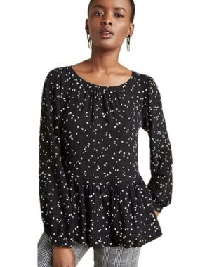 Anthropologie Maeve Cheyenne Polka Dot Peplum Blouse Size XS Black Long Sleeve